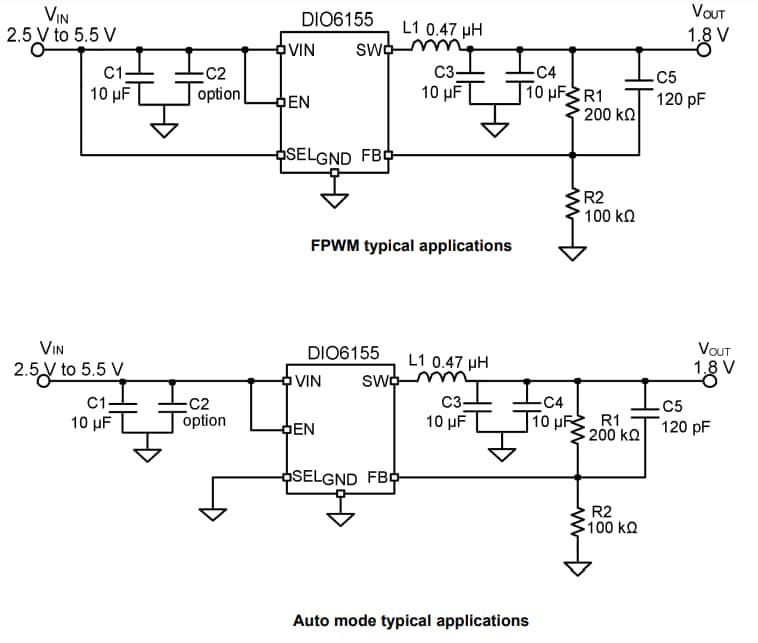 Application Circuit Diagram - DIOO Microcircuits DIO6155 DC-DC Step-Down Regulator IC